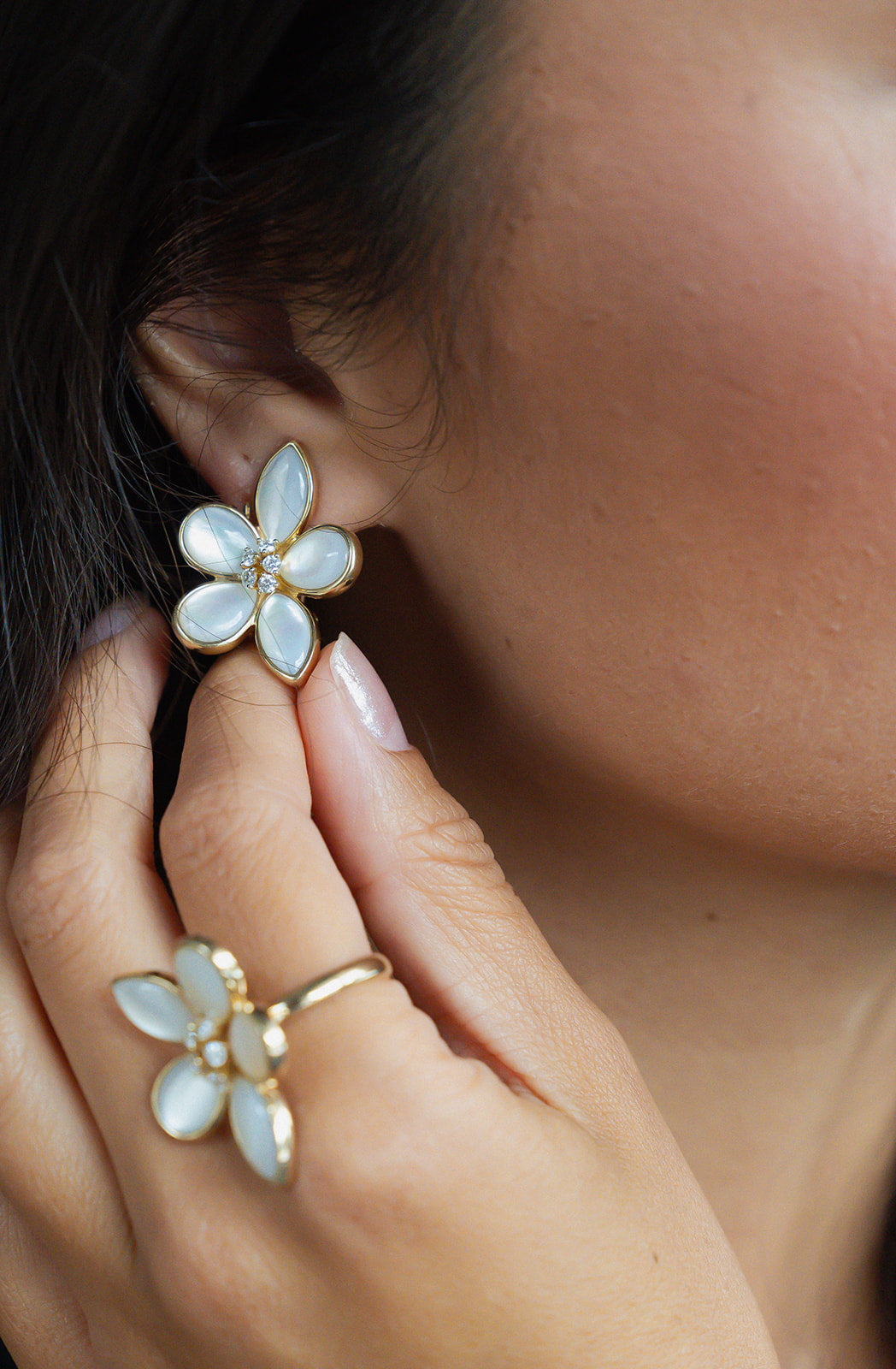 Mother of Pearl and Diamond Flower Earrings